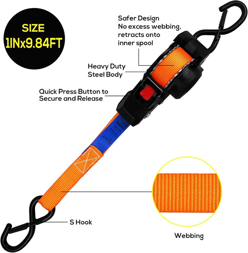 ANLU LOAD ANLULOAD Retractable Ratchet Strap(1 in x 9.8 ft),Ratchet Tie Down Strap for Motorcycles, Boats,Atvs,Utvs.W.L.L:700 Lbs/B.S:2,100 Lbs-(4Packs) (Orange) - Image 2